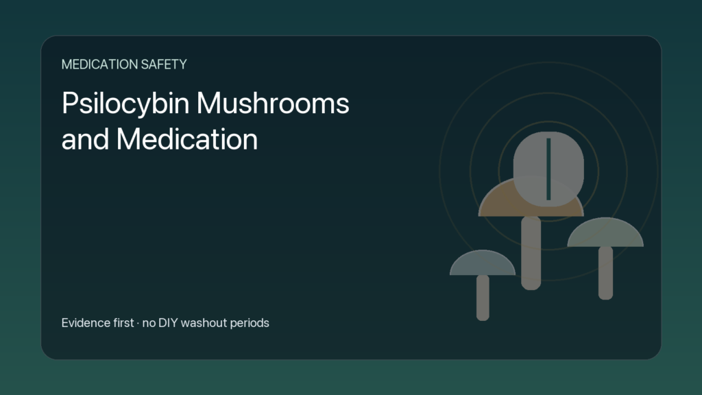 Illustration of mushrooms and a medication capsule for a psilocybin medication-safety article.