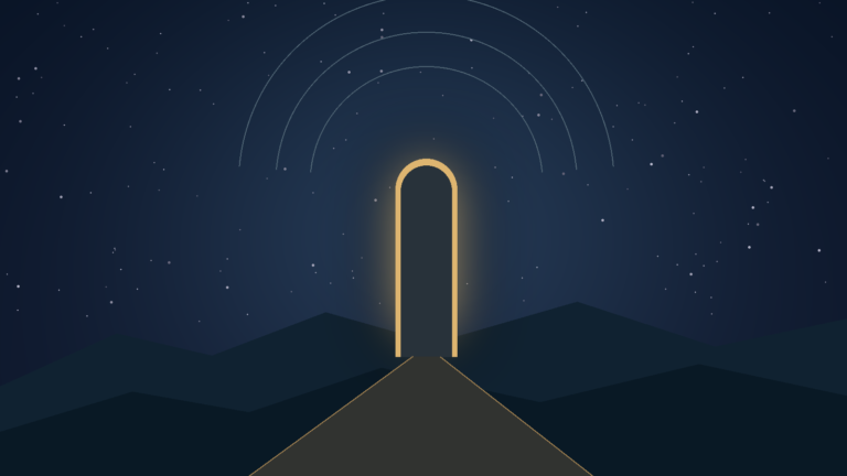 Original illustration of a glowing empty doorway beneath a starry sky, suggesting the search for meaning.