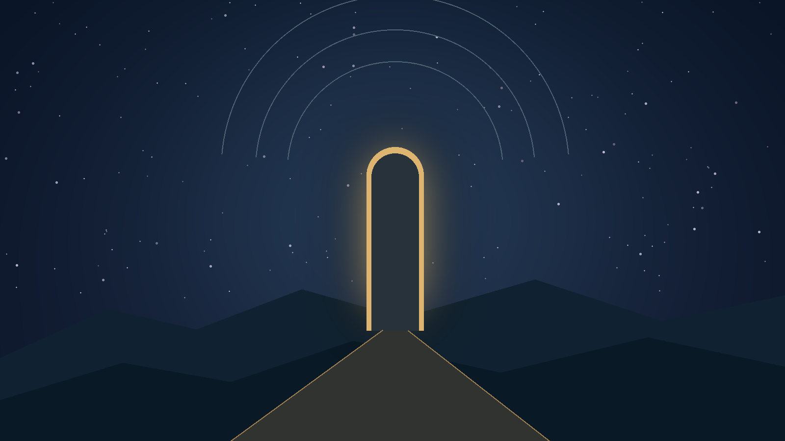 Original illustration of a glowing empty doorway beneath a starry sky, suggesting the search for meaning.
